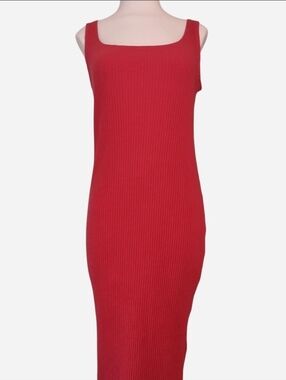 H&M Red Ribbed Square-Neck Midi Dress
